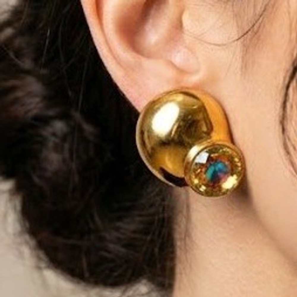 DUBAU Vintage Gold Tone French Glass Aurora Borealis Crystal Snail Clip Earrings